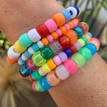 Load image into Gallery viewer, multi colored, patterned plastic mini pony bead stretchy bracelet
