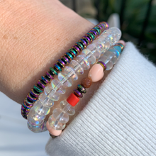 Load image into Gallery viewer, peach hearts, sparkly sandstone, purple iridescent, clear iridescent and colored tube beaded stretch  bracelet
