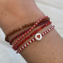 Load image into Gallery viewer, white, red seed bead stretchy bracelets with red heart bead
