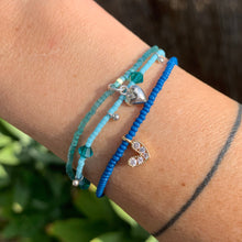 Load image into Gallery viewer, blue seed bead bracelet with a gold plated heart charm with clear cz crystal stones, sterling silver heart bracelet, Swarovski crystal bracelet