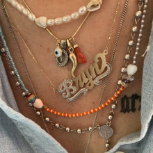 Load image into Gallery viewer, multi colored seed bead necklace with sterling silver stardust beads, gold filled star and round beads and heart, striped and iridescent beads
