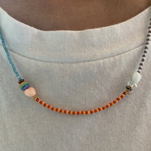 Load image into Gallery viewer, multi colored seed bead necklace with sterling silver stardust beads, gold filled star and round beads and heart, striped and iridescent beads