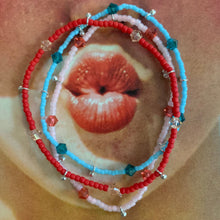 Load image into Gallery viewer, blue, red and pink seed bead, Swarovski crystal and sterling silver charm bracelet