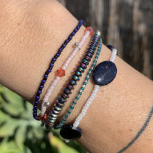 Load image into Gallery viewer, blue, red and pink seed bead, Swarovski crystal and sterling silver charm bracelet