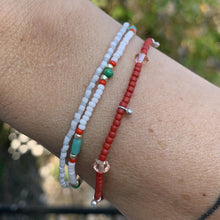 Load image into Gallery viewer, blue, red and pink seed bead, Swarovski crystal and sterling silver charm bracelet