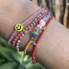 Load image into Gallery viewer, blue, red and pink seed bead, Swarovski crystal and sterling silver charm bracelet