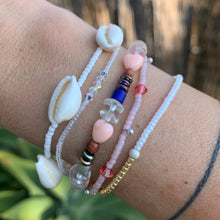 Load image into Gallery viewer, blue, red and pink seed bead, Swarovski crystal and sterling silver charm bracelet