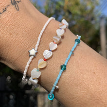 Load image into Gallery viewer, blue, red and pink seed bead, Swarovski crystal and sterling silver charm bracelet