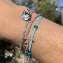 Load image into Gallery viewer, blue, red and pink seed bead, Swarovski crystal and sterling silver charm bracelet