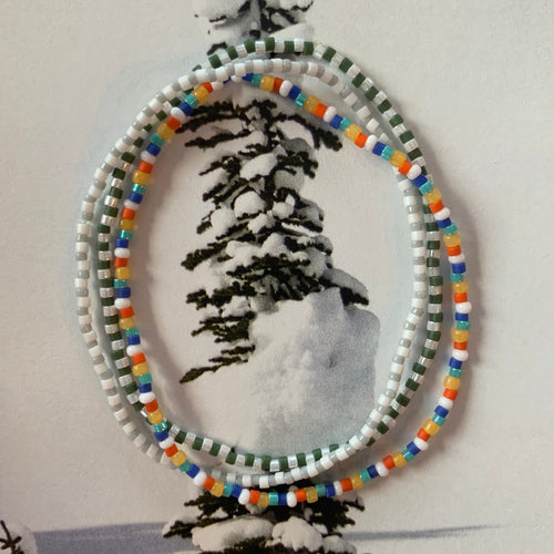 grey, white, green, blue, orange, yellow striped seed bead elastic bracelet set