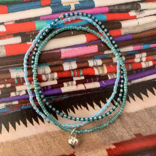 blue, green, sterling silver heart charm seed bead elastic bracelet set