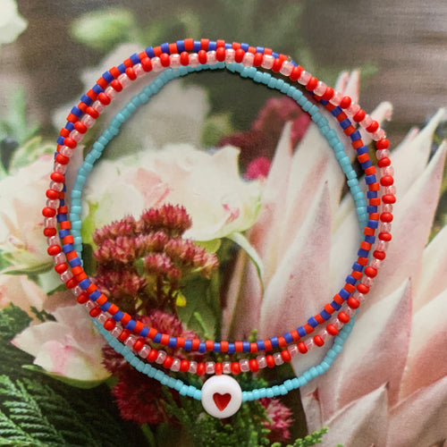 blue pink red heart seed bead elastic bracelet set