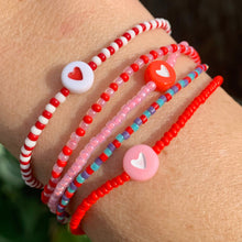 Load image into Gallery viewer, red pink and purple seed bead heart bracelets
