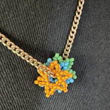 Load image into Gallery viewer, striped and colored seed bead flower pendants on gold chain
