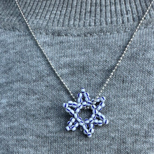 Load image into Gallery viewer, sterling silver faceted ball chain necklace with blue and white striped seed bead flower pendant
