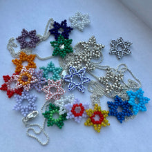 Load image into Gallery viewer, sterling silver necklace with colorful seed bead flower pendants
