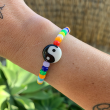 Load image into Gallery viewer, multi colored small pony bead stretchy bracelet with ceramic yin yang bead

