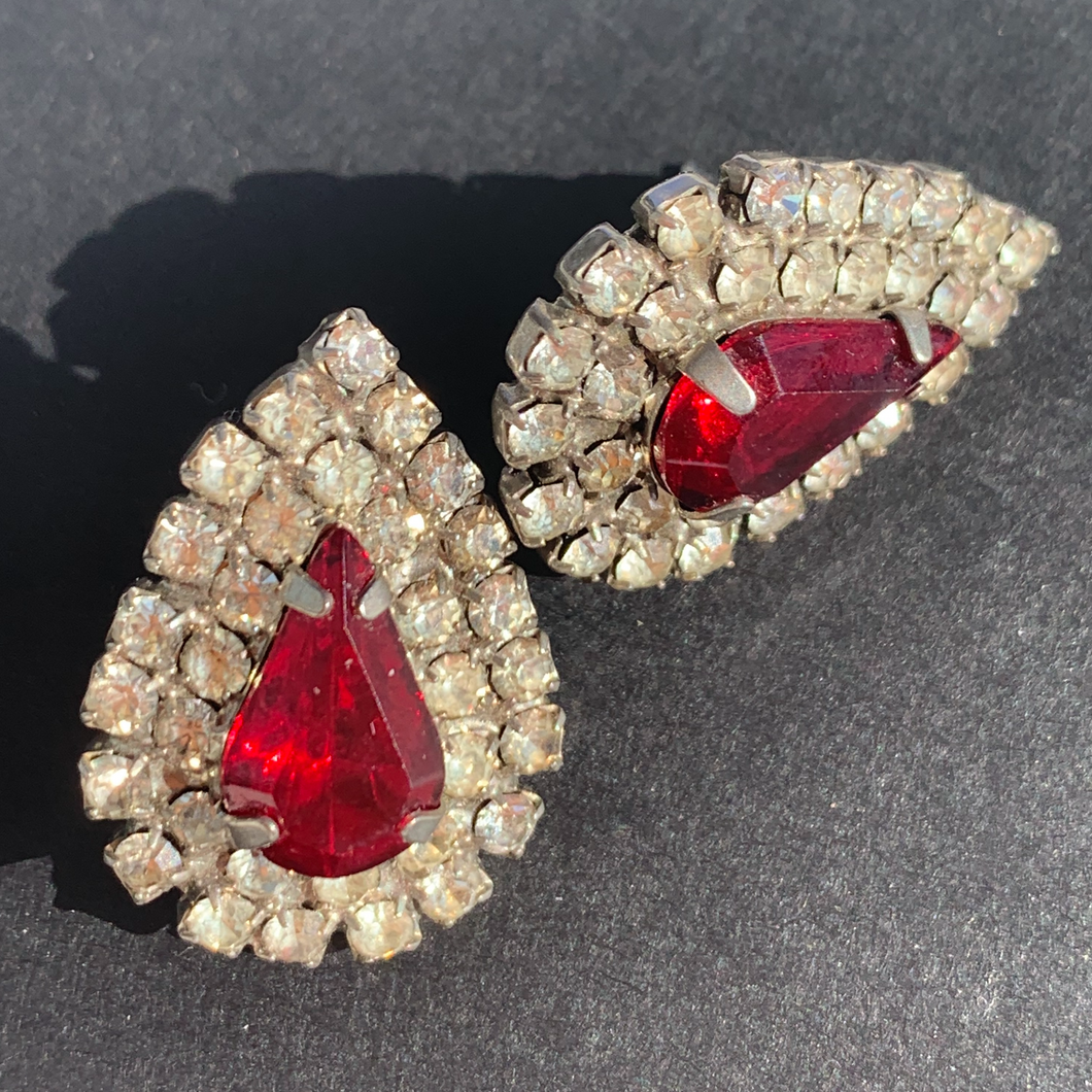 vintage red stone earrings surrounded by faux diamond rhinestones in a tear drop shape