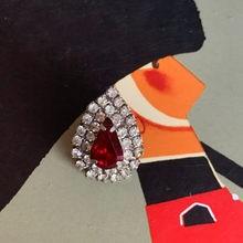 Load image into Gallery viewer, vintage red stone earrings surrounded by faux diamond rhinestones in a tear drop shape
