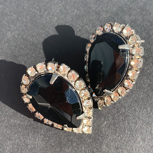 vintage black stone surrounded by faux diamond rhinestone earrings in a tear drop shape