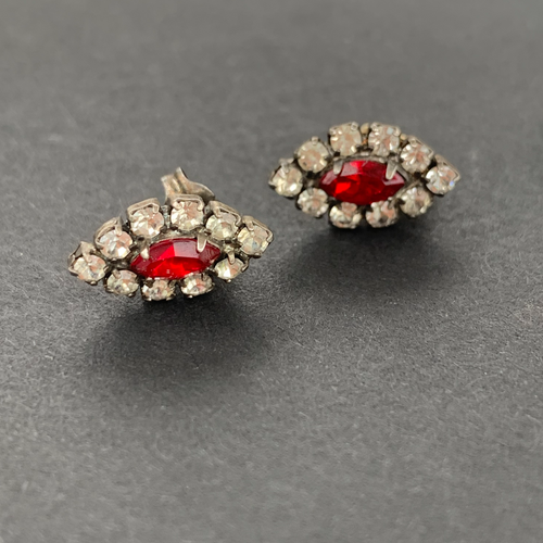 vintage red stone earrings surrounded by faux diamond rhinestones in an eye shape