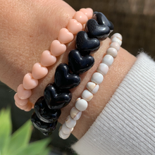 Load image into Gallery viewer, shell beaded summer stretch bracelet and black and peach heart bracelets
