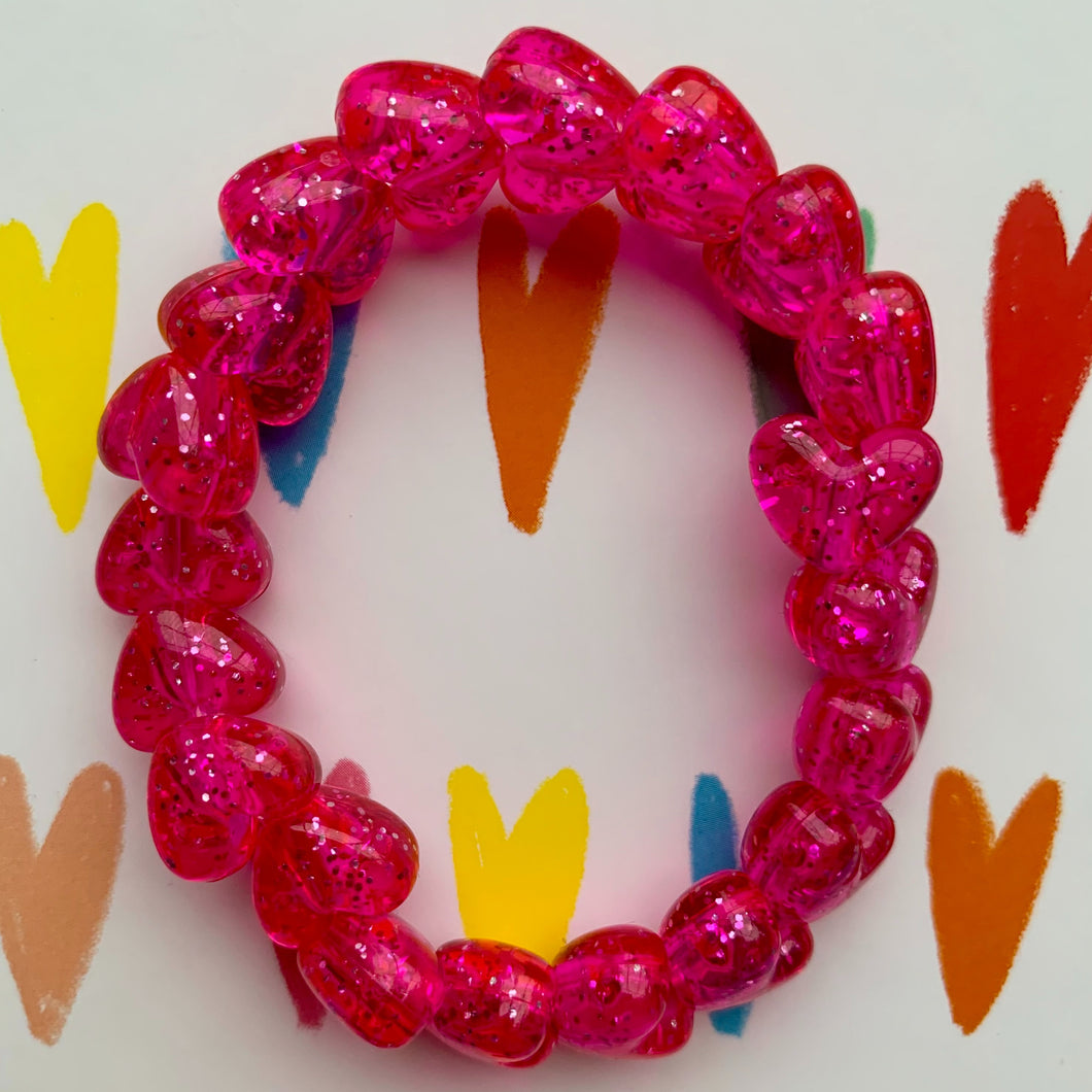 pink glitter heart plastic pony bead stretchy bracelet