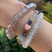 Load image into Gallery viewer, peach hearts, sparkly sandstone, purple iridescent, clear iridescent and colored tube beaded stretch  bracelet

