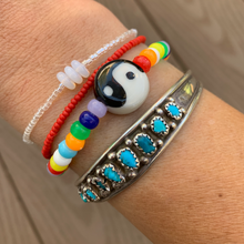 Load image into Gallery viewer, multi colored small pony bead stretchy bracelet with ceramic yin yang bead
