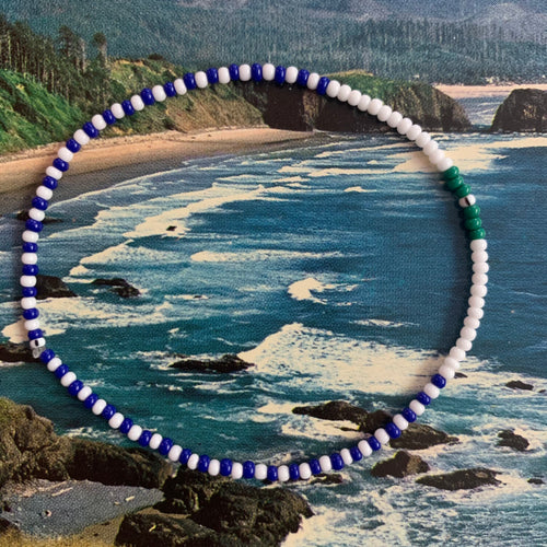 mens blue, white, green and black/white striped seed bead bracelet