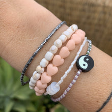 Load image into Gallery viewer, light peach heart bead stretchy bracelet and yin yang bracelet and shell bracelet
