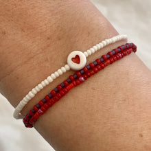 Load image into Gallery viewer, white, red seed bead stretchy bracelets with red heart bead
