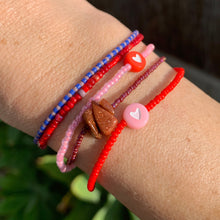 Load image into Gallery viewer, neon pink seed bead bracelet with red heart bead. red seed bead bracelet with pink heart bead
