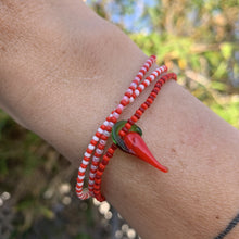 Load image into Gallery viewer, red, white and dark red seed bead stretch bracelet with a glass chili pepper
