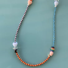 Load image into Gallery viewer, multi colored seed bead necklace with sterling silver stardust beads, gold filled star and round beads and heart, striped and iridescent beads
