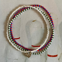 Load image into Gallery viewer, green white blue red cubic zirconia heard seed bead elastic bracelet set
