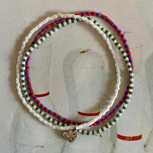 green white blue red cubic zirconia heard seed bead elastic bracelet set