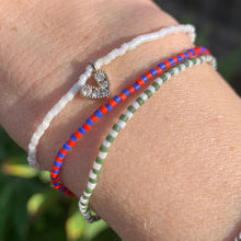 Load image into Gallery viewer, green white blue red cubic zirconia heard seed bead elastic bracelet set
