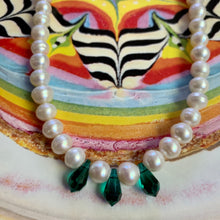 Load image into Gallery viewer, pearl and emerald Swarovski crystal drop necklace
