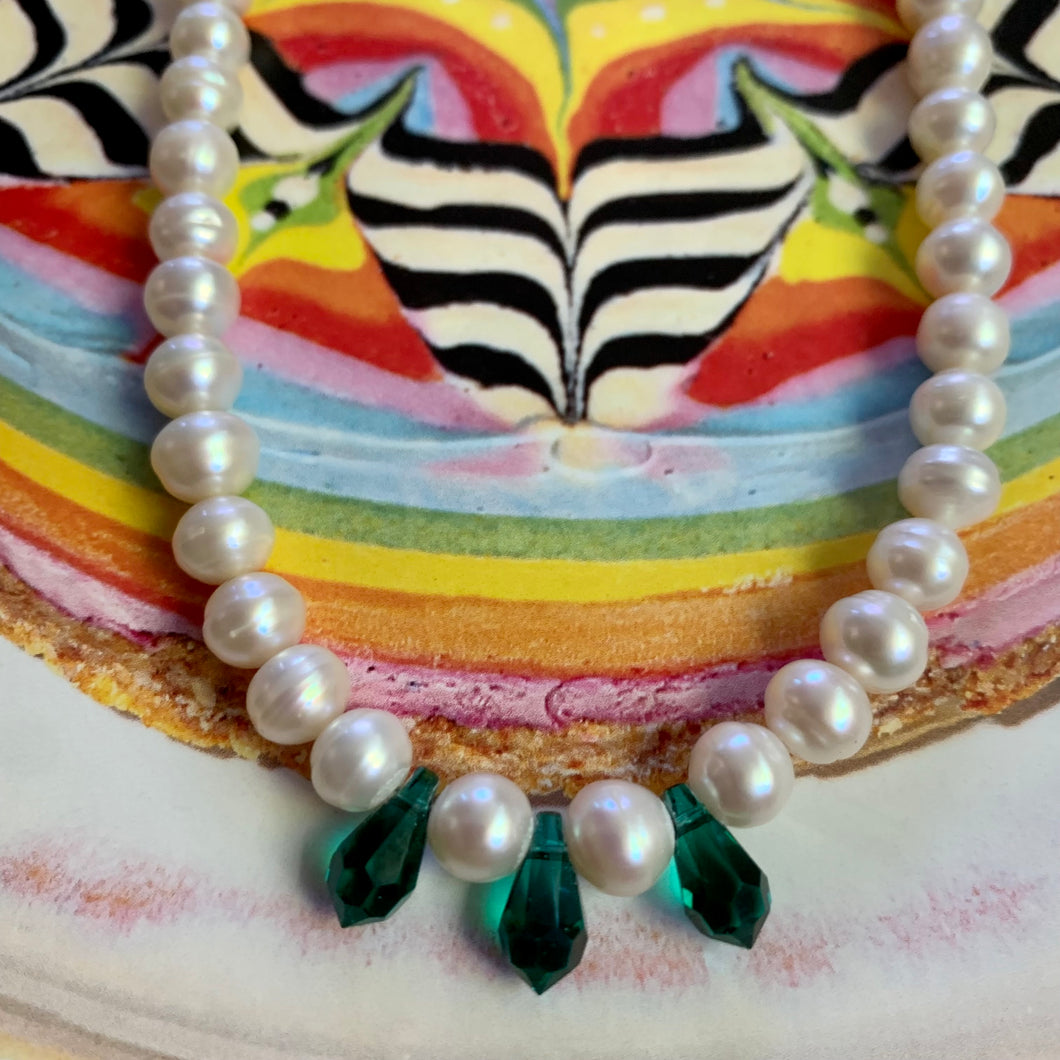 pearl and emerald Swarovski crystal drop necklace
