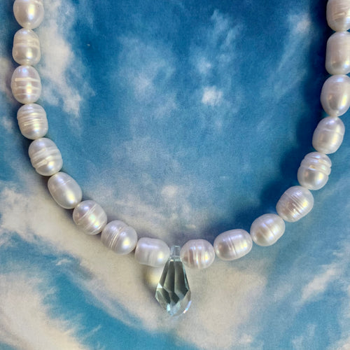 potato pearl and light blue Swarovski crystal drop necklace