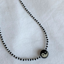 Load image into Gallery viewer, black and white seed bead and yin yang necklace with sterling silver clasp
