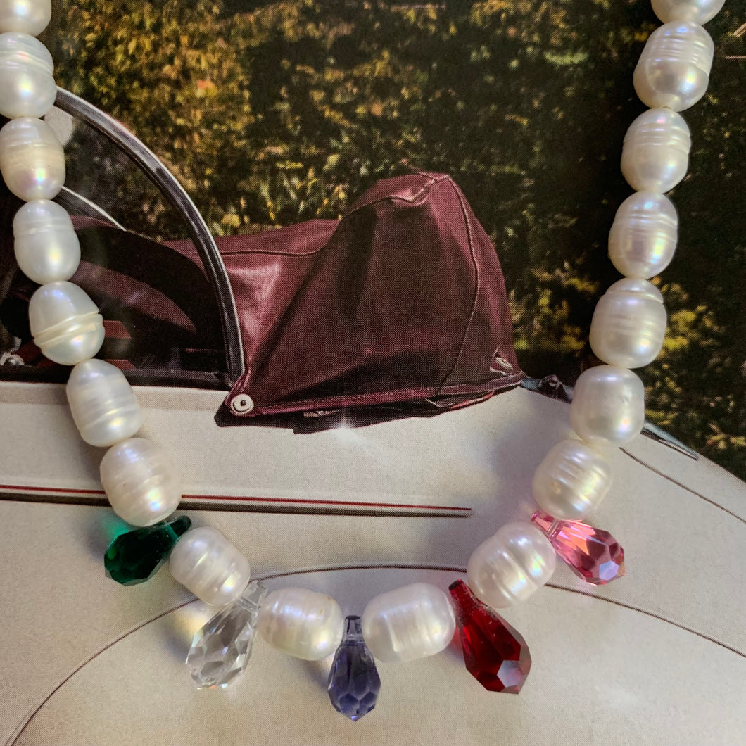 pearl and red, green, clear, purple, pink Swarovski crystal drop necklace