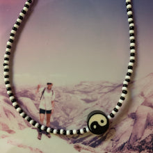 Load image into Gallery viewer, black and white seed bead and yin yang necklace with sterling silver clasp
