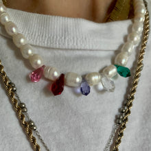 Load image into Gallery viewer, pearl and red, green, clear, purple, pink Swarovski crystal drop necklace
