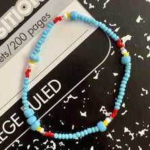Load image into Gallery viewer, turquoise, red, white, silver and yellow seed bead bracelet 
