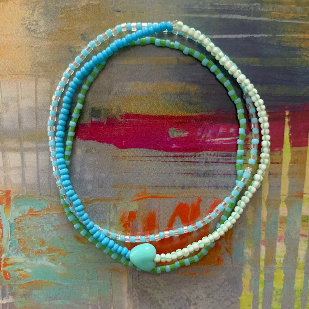 green white blue striped heart seed bead elastic bracelet set