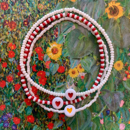 white red yellow heart seed bead elastic bracelet set