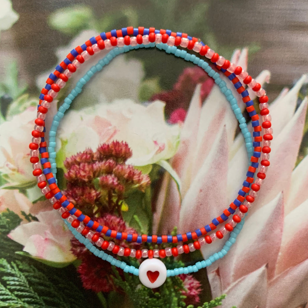 blue pink red heart seed bead elastic bracelet set