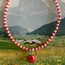 Load image into Gallery viewer, white and red seed bead bracelet with sterling silver and enamel strawberry charm
